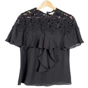 Rebecca Taylor Black Lace Silk Ruffle Blouse Top Size 0 Elegant Party Whimsigoth